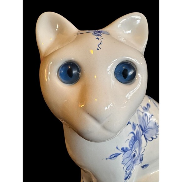 Ceramic Seated Cat Figurine Large 8.5”Floral Hand Painted Portugal Porcelain - Picture 2 of 11